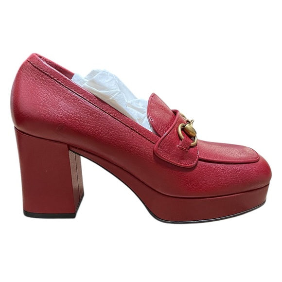 Gucci Goatskin Houdan Mid Heel Platform Loafers Hibiscus Red - Picture 5 of 9